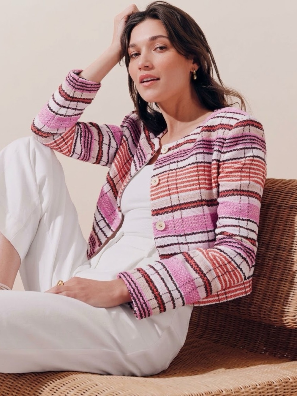 Ann Taylor Striped Pink Tweed Cropped Blazer Jacket Size 8